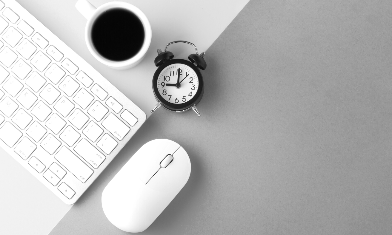 6Image showing keyboard, mouse, coffee and alarm clock